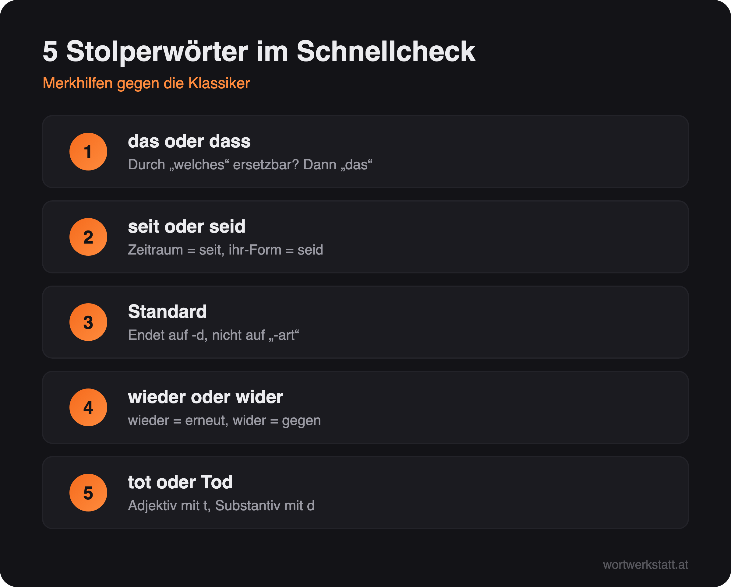 Infografik: Fünf häufige Rechtschreib-Stolperwörter mit Merkhilfen – das/dass, seit/seid, Standard, wieder/wider, tot/Tod