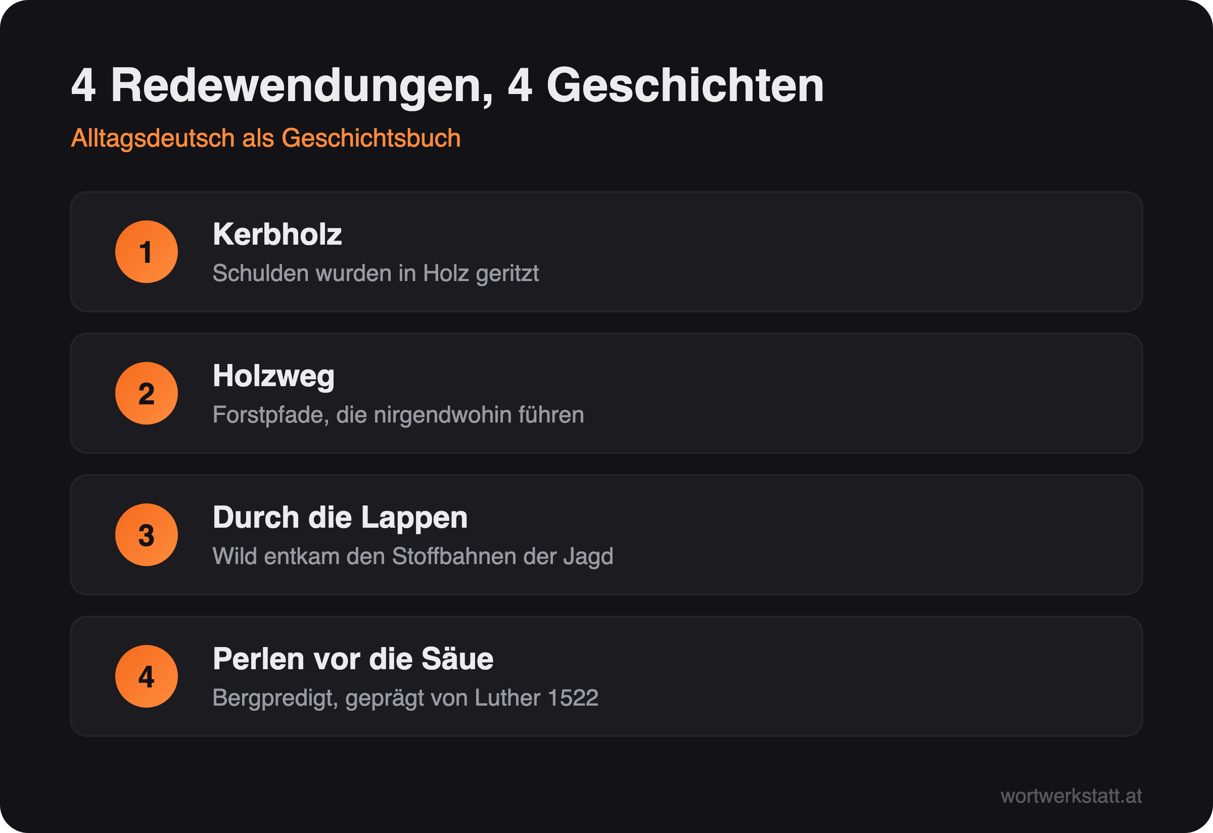 Infografik: Vier Redewendungen und ihre Herkunft – Kerbholz, Holzweg, durch die Lappen gehen, Perlen vor die Säue