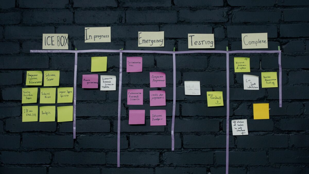 Haftnotizen und Planungsskizzen an einer Wand