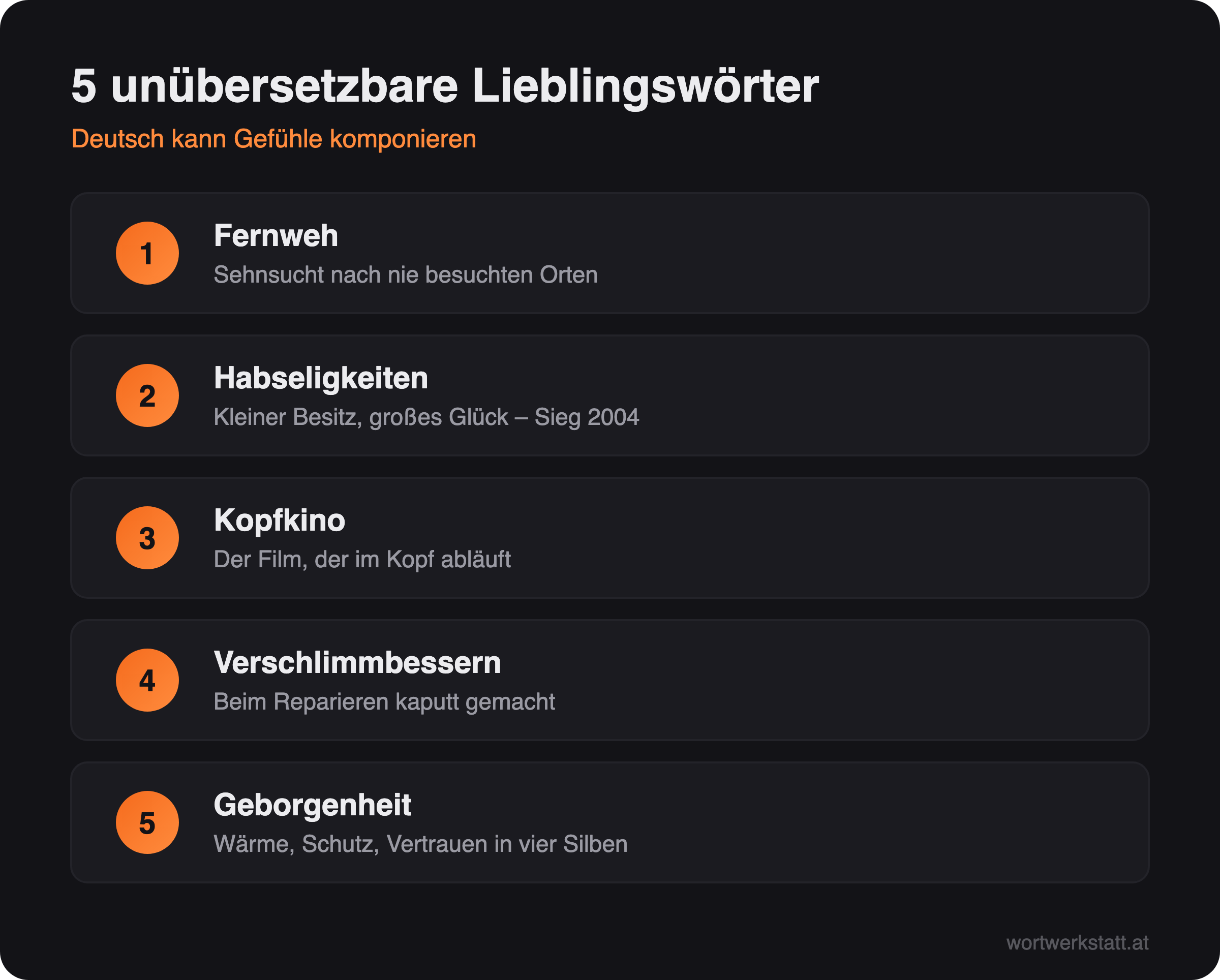 Infografik: Fünf unübersetzbare deutsche Lieblingswörter – Fernweh, Habseligkeiten, Kopfkino, Verschlimmbessern, Geborgenheit
