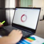 Laptop mit Analyse-Diagrammen auf dunklem Schreibtisch