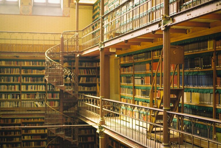 Historischer Bibliothekssaal mit hohen Bücherregalen in warmem Licht