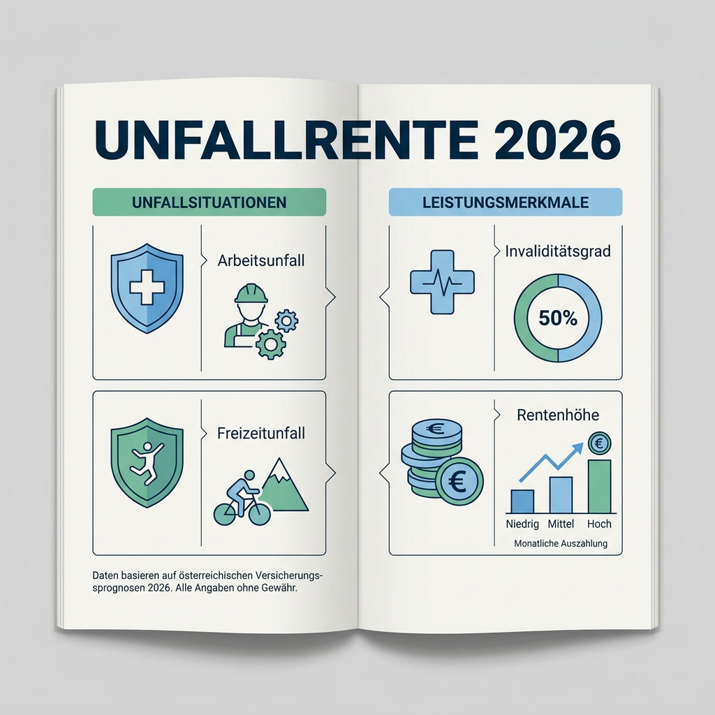 Infografik: Unfallrente 2026 mit Invaliditätsgrad, Rentenhöhe, Arbeitsunfall und Freizeitunfall