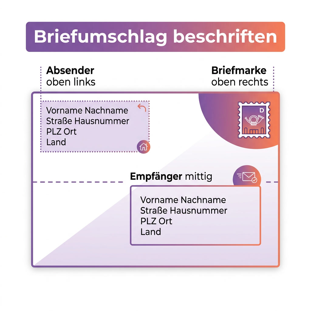 Infografik: Briefumschlag richtig beschriften mit Absender, Briefmarke und Empfängeradresse