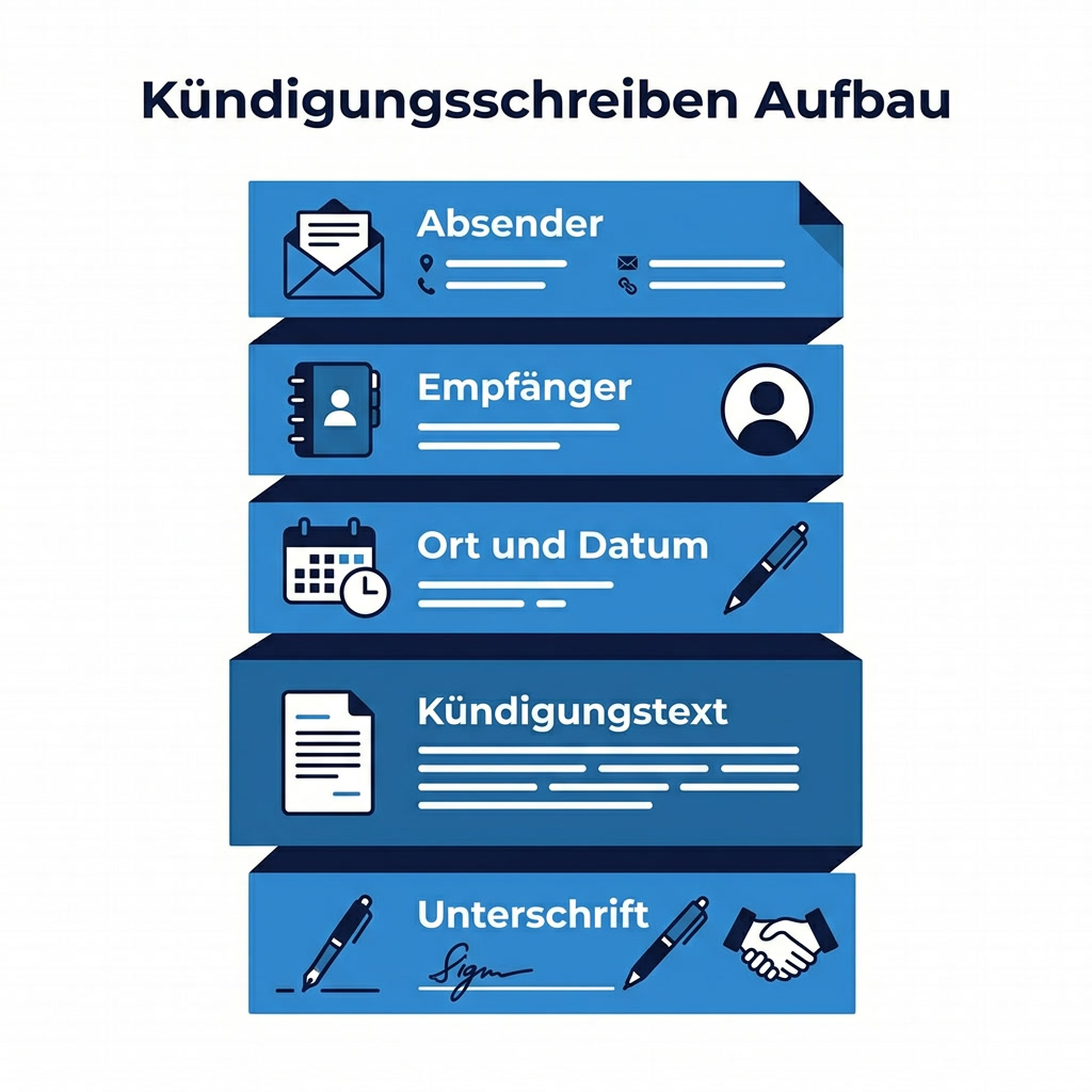 Aufbau eines Kündigungsschreibens: Absender, Empfänger, Ort und Datum, Kündigungstext, Unterschrift