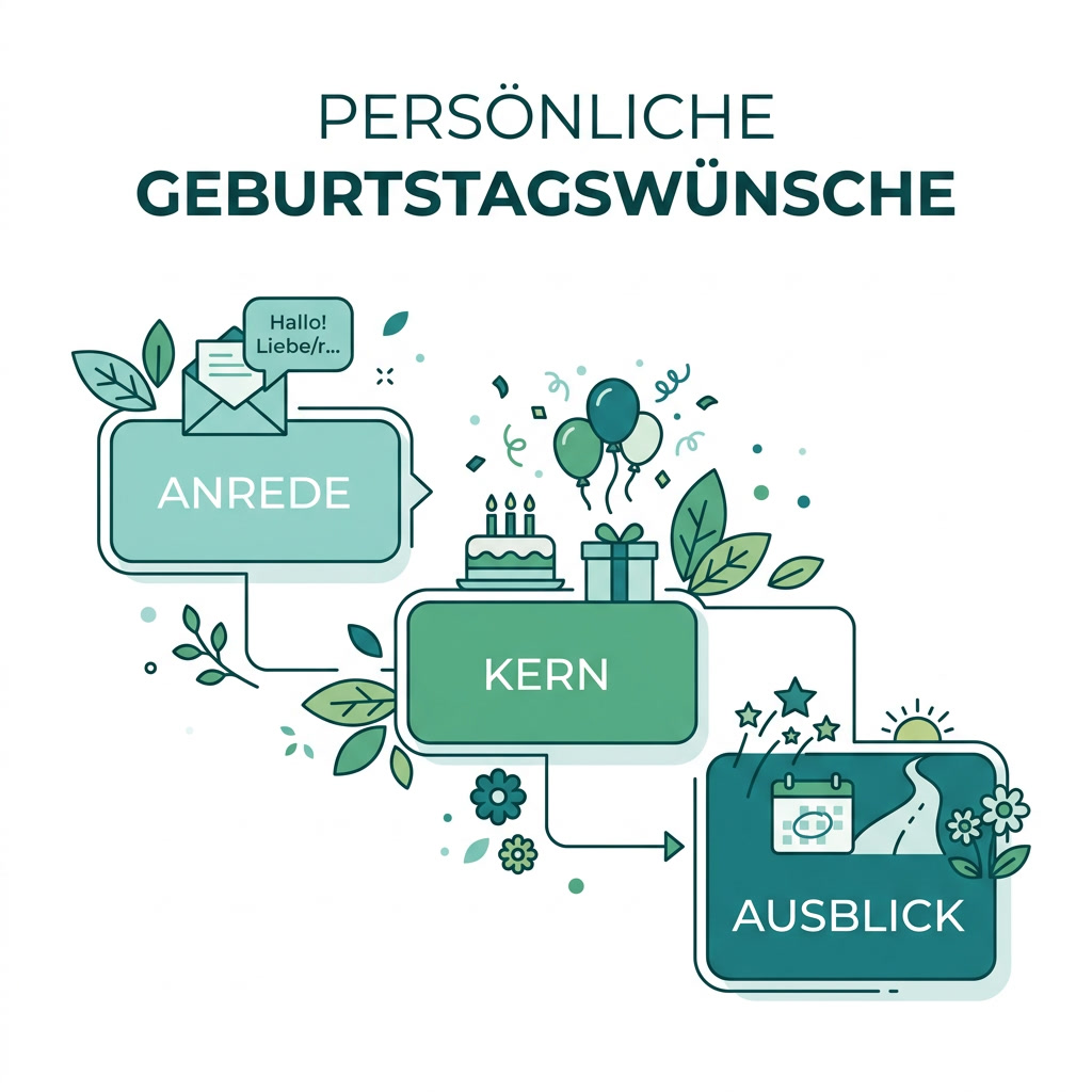 Infografik: Drei Schritte für persönliche Geburtstagswünsche - Anrede, Kern, Ausblick